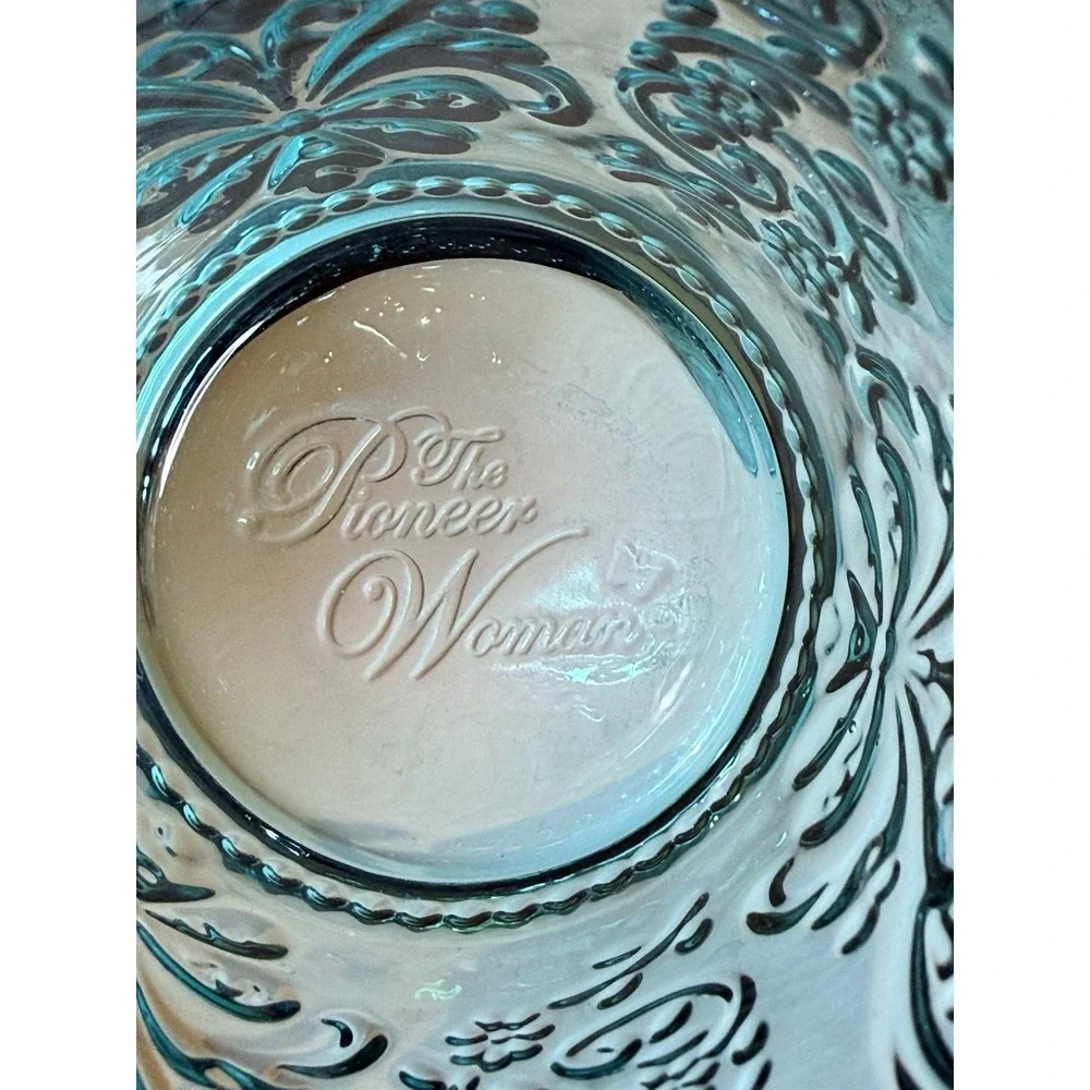 Rare Pioneer Woman Amelia Teal Glass Tumblers Set of 2 Embossed 14 oz